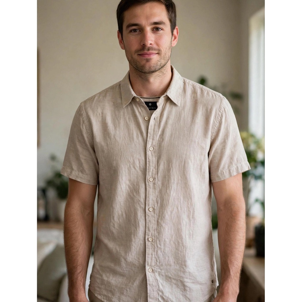 Vustra Mens XL Tan Beige Linen Cotton Short Sleeve Button Down Shirt Classic Fit